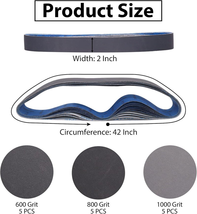 SHUTTLE GENIUS 2 x 42 Silicon Carbide Sanding Belts, 15 Pack 2 x 42 Knife Sharpening Sanding Belt, 5 Pcs Each of 600, 800, 1000 Grits Sander Belt for Metal Wood(15 Pack） - Image 2